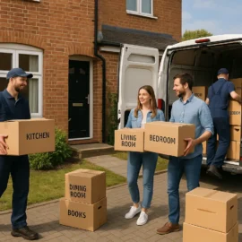 Professional movers loading boxes