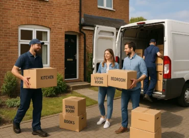 Professional movers loading boxes